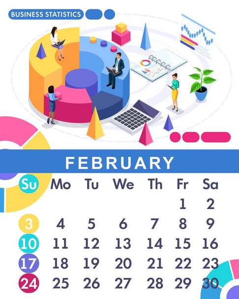 Isometrische maand februari uit vastgestelde agenda van 2019. Financiële administratie-concept. Concept maken een bedrijfsstrategie. Isometrische mensen op een witte achtergrond - Vector, afbeelding