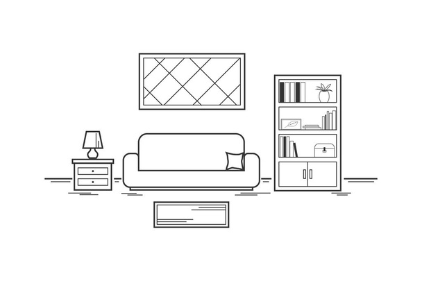 Interior living room.outline concept with white color.furniture and accessory in room.vector and illustration - Vector, Image