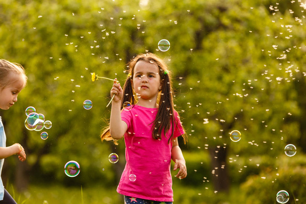 Дві дівчини грають у зеленому парку і дме плавучі мильні бульбашки
 - Фото, зображення