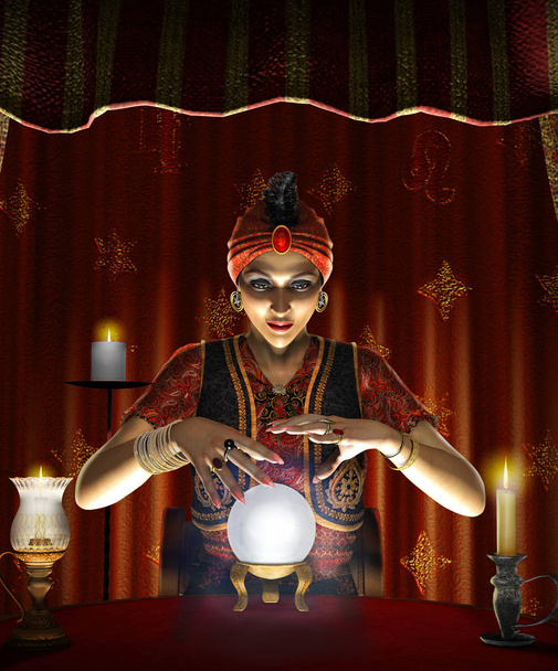 Dramatische concept van een mystic mystic, vrouwelijke Gypsy waarzegster met een verlichte kristallen bol in haar tent, realistische 3d render  - Foto, afbeelding