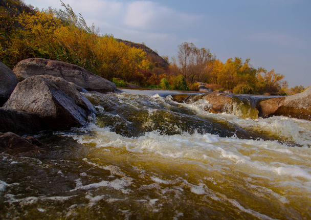 steen op een snelle rivier in herfst geel bomen aan de oever - Foto, afbeelding