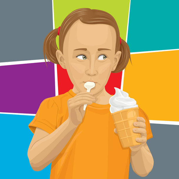 Vektori hauska lapsi tyttö syö jäätelöä. Pieni söpö tyttö jäätelöä eristetty
 - Vektori, kuva