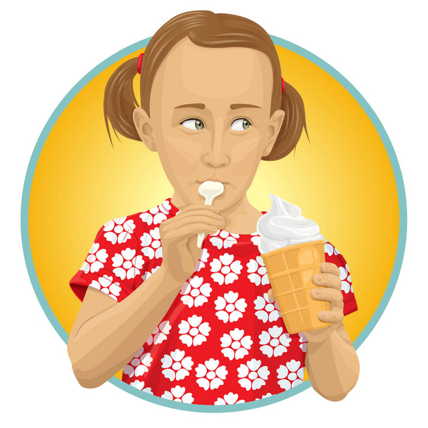 Vektor legrační dítě dívka jíst zmrzlinu. Malá roztomilá holčička se zmrzlinou, samostatný - Vektor, obrázek