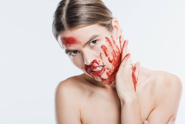 angry adult naked woman with blood on skin isolated on white, domestic violence concept - Photo, Image