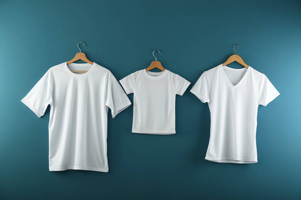 Hangers with blank white t-shirts on color background - Фото, зображення