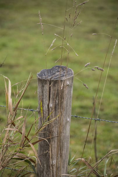Wooden stump fence post holding up an old rusted metal wired fence along the edge of a farm - Photo, Image