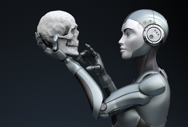Robot avec crâne humain à la main. Illustration 3D
 - Photo, image