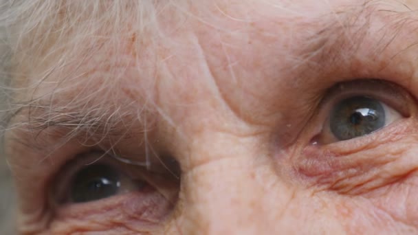 Ηλικιωμένη με τις ρυτίδες γύρω από τα μάτια. Ηλικιωμένη γυναίκα ψάχνει σε απόσταση. Κοντινό πλάνο πορτρέτο της γιαγιάς λυπημένος. Αργή κίνηση - Πλάνα, βίντεο