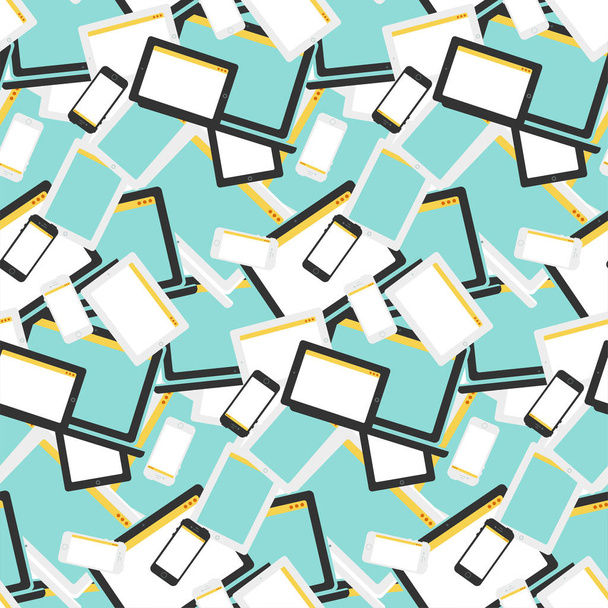 Stylish seamless pattern with notebook, smartphone and tablet in flat style. Cartoon design backdrop - Vektör, Görsel