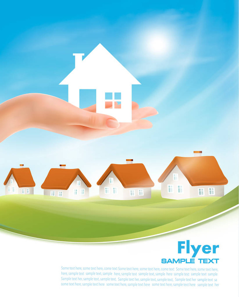 Creative Template Design for Real Estate. Hand holding a paper house. Vector Flyer - Vector, Image