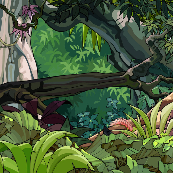 rajzfilm trópusi erdő zuhant le fa és buja növekvő növények - Vektor, kép