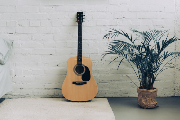 selektiver Fokus auf weißen Teppich, Akustikgitarre und Zimmerpflanze zu Hause - Foto, Bild