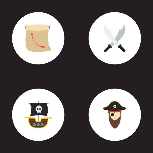 Набор пиратских иконок плоского стиля с символами корабля, пирата, картографии и других значков для дизайна логотипа вашего мобильного веб-приложения
. - Вектор,изображение