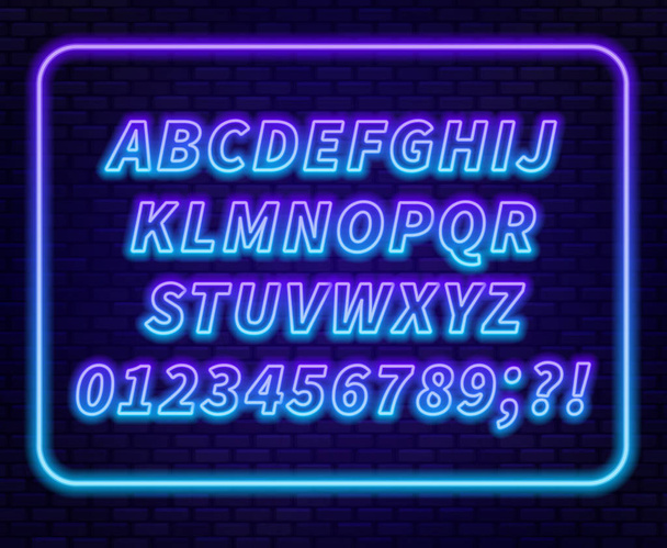 Gradiente blu viola alfabeto al neon su uno sfondo scuro. Lettere maiuscole Illustrazione vettoriale
. - Vettoriali, immagini