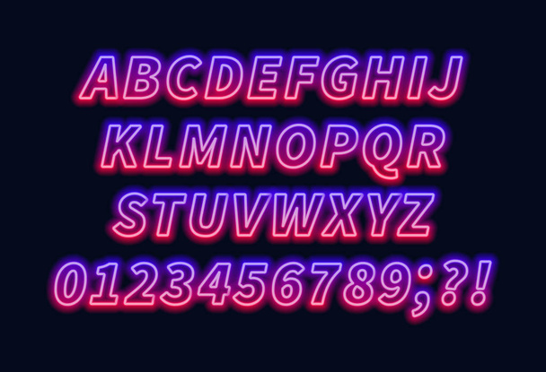 Kék vörös színátmenet neon ábécé sötét háttér előtt. Nagybetű. Vektoros illusztráció. - Vektor, kép