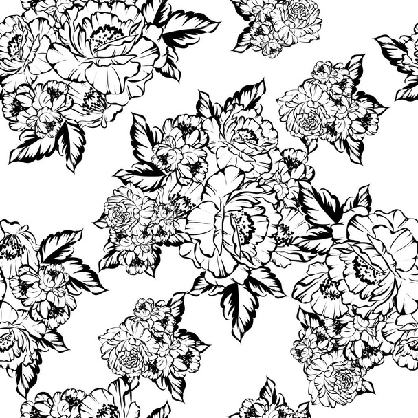 Seamless vintage style flower pattern. Floral elements in black and white. - Vecteur, image