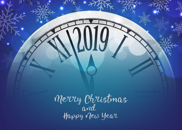 Vector 2019 Happy New Year with retro clock on snowflakes blue background - Vector, Image
