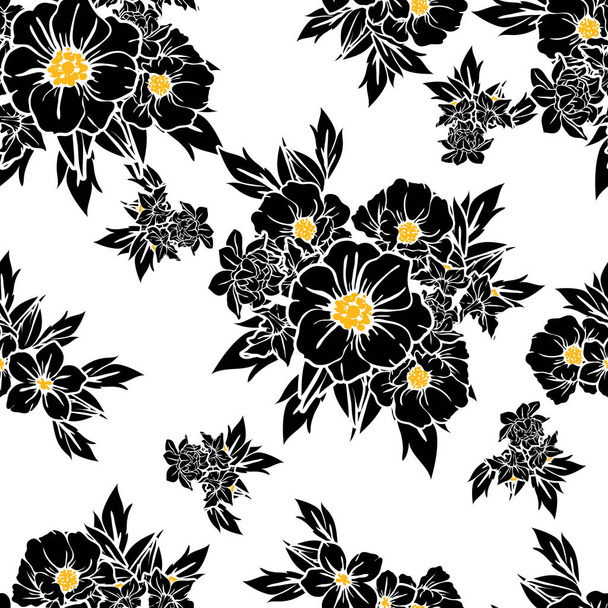 Seamless vintage style flower pattern. Floral elements in black and white. - Vektori, kuva