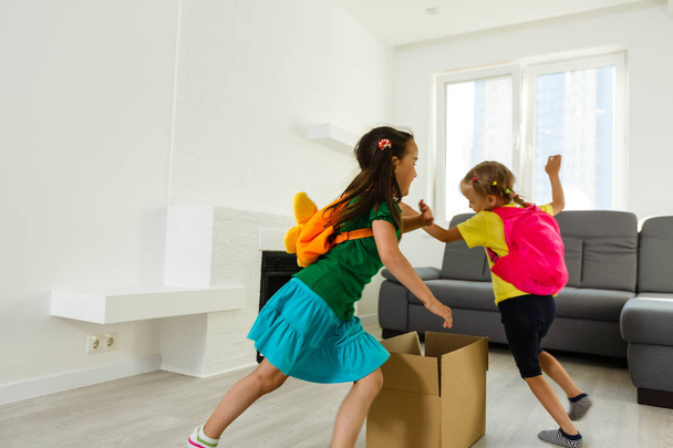 Two preschool girls playing in cardboard boxes at home  - Photo, Image