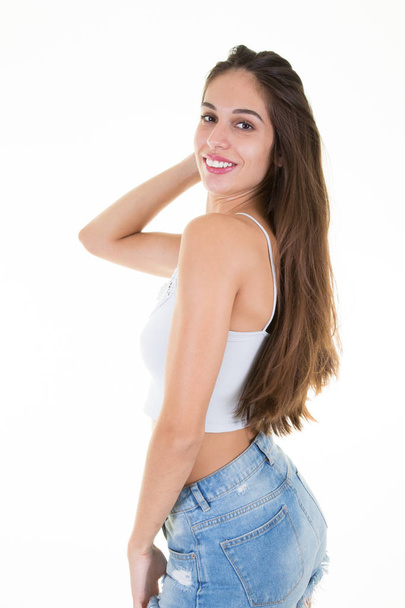 Porträt Schönheit Frau von Teenager Mädchen schön fröhlich genießen mit langen Haaren Teenager - Foto, Bild