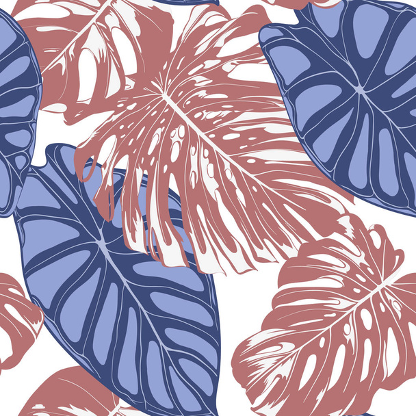 Seamless Exotic Pattern with Tropical Plants. Vector Background with Hand Draw Monstera Palm Leaves. Bright Rapport for Cloth, Textile Design. Jungle Foliage. Seamless Tropical Pattern with Alocasia. - Vektor, Bild