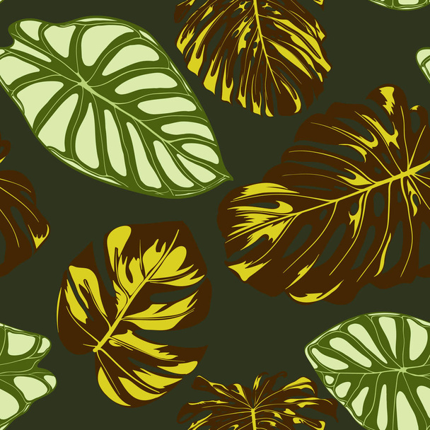Seamless Exotic Pattern with Tropical Plants. Vector Background with Hand Draw Monstera Palm Leaves. Bright Rapport for Cloth, Textile Design. Jungle Foliage. Seamless Tropical Pattern with Alocasia. - Vector, Image