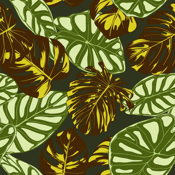 Seamless Exotic Pattern with Tropical Plants. Vector Background with Hand Draw Monstera Palm Leaves. Bright Rapport for Cloth, Textile Design. Jungle Foliage. Seamless Tropical Pattern with Alocasia. - Vector, Image