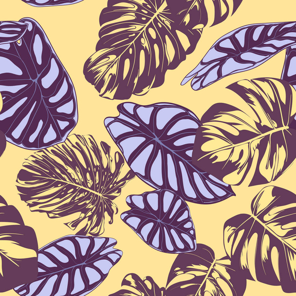 Tropikalny wektor wzór. Liści palmowych Monstera i to. Jungle liści efekt akwareli. Egzotyczne Hawaiian włókienniczych projektowania. Tropikalny tło dla tkanin, sukienka, papieru, druku - Wektor, obraz