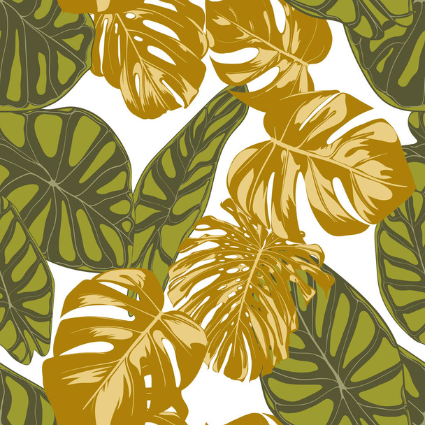 Seamless Hand Drawn Botanical Exotic Pattern with Philodendron and Alocasia Leaves. Vector Jungle Foliage in Watercolor Style. Seamless Tropic Leaf Background for Textile, Cloth, Fabric, Paper. - Вектор, зображення