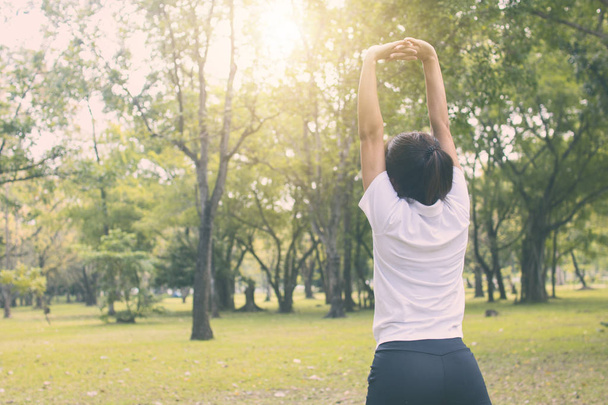 спортивна жінка черв'як в парку вранці, розробка і концепція вправ
 - Фото, зображення