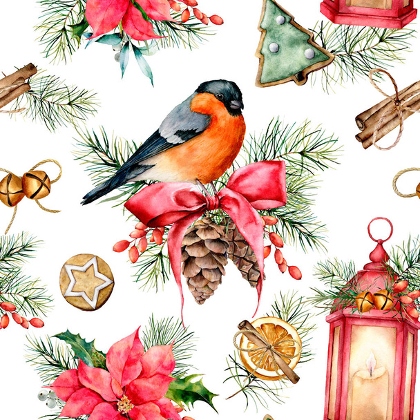 Watercolor Christmas pattern with holiday symbols. Hand painted bullfinch, lantern with candle, poinsettia, holly, mistletoe, pine cones, cookies, cinnamon, fir branch isolated on white background. - Photo, Image