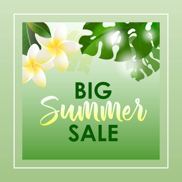 Summer sale banner with colorful exotic flowers and leaves. Vector illustration for poster, flyer. Business seasonal shopping concept. - Vecteur, image