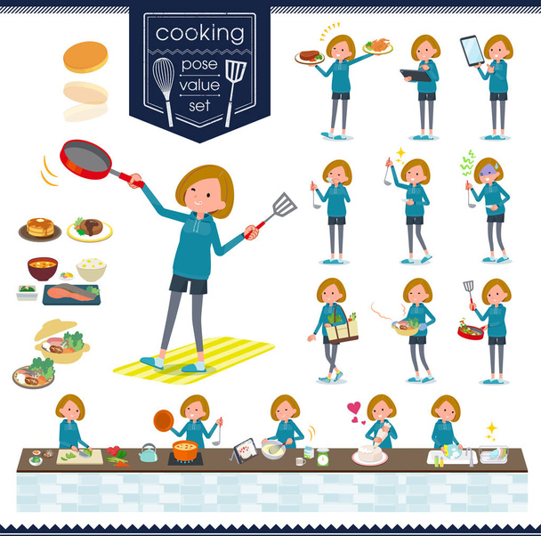 Een aantal vrouwen in sportkleding over koken. Er zijn acties die op verschillende manieren in de keuken koken. Het is vector kunst, dus het is makkelijk om te bewerken. - Vector, afbeelding