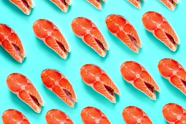 Salmon steak pattern, conceptual salmon background, flat lay composition - Фото, изображение