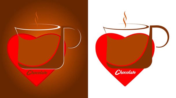 Grafica su sfondo marrone o bianco. Una tazza di cioccolata calda sullo sfondo del cuore. Didascalia: Cioccolato
 - Vettoriali, immagini