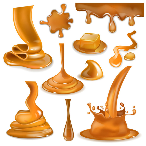 Caramel splash vector sweet flowing liquid sauce or pouring chocolate cream illustration set of caramelcandies and splashing creamy drops or droplet isolated on white background - Vecteur, image