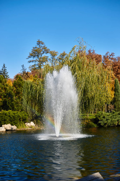 view of fountain in middle of lake at autumn pakr  - Photo, image