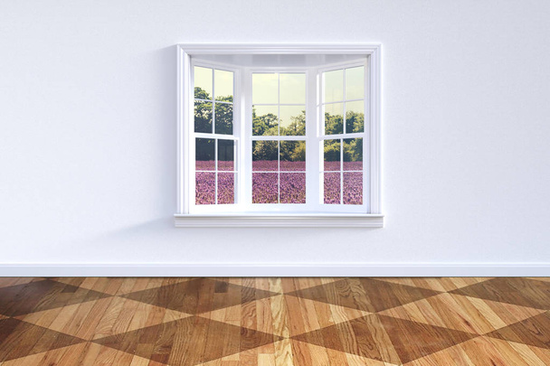 Habitación interior de alta resolución con vistas al campo de lavanda desde la ventana blanca, suelo de madera de parquet dessin cuadrado
 - Foto, Imagen