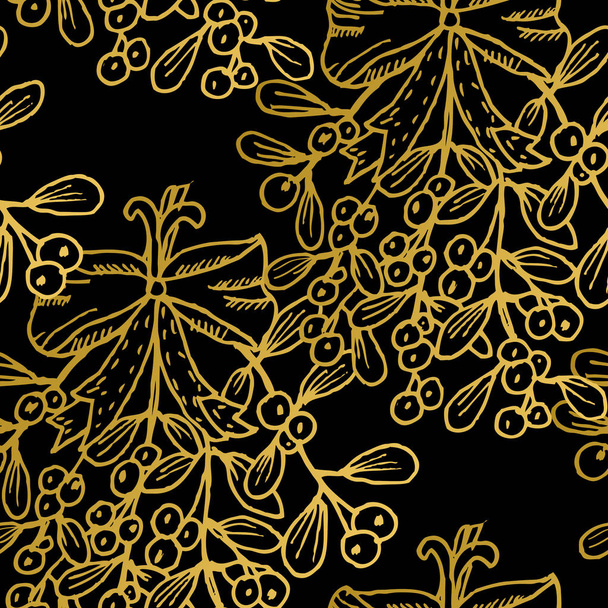 Golden seamless pattern with mistletoes, design elements. Christmas and New Year pattern for invitations, cards, print, gift wrap, manufacturing, textile, fabric, wallpapers - Vector, Image
