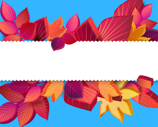 Blue and white autumn background with colorful 3d leaves.  - Vector, Imagen