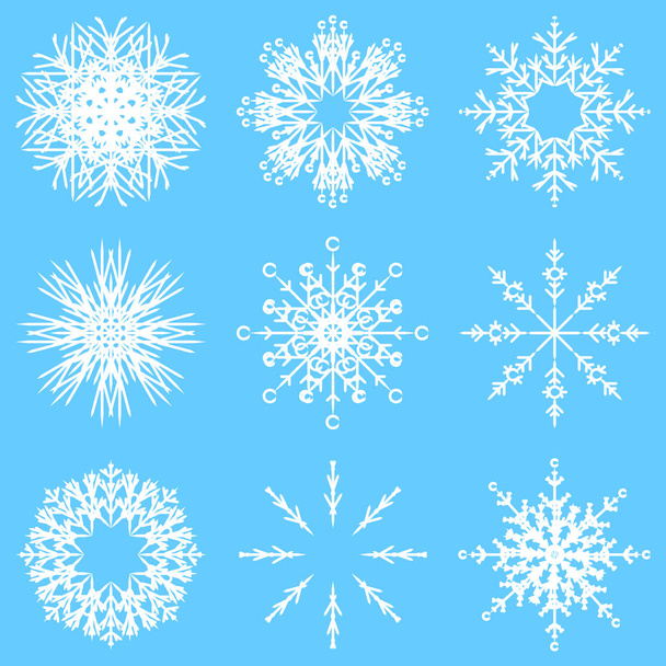 Vector collection of artistic icy abstract crystal snow flakes isolated on background as winter december decoration group or collection. Ice or frost beautiful star ornament silhouette or season art - Vector, Image