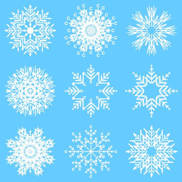 Collectie van artistieke ijzige abstracte crystal sneeuw vlokken geïsoleerd op achtergrond als winter december decoratie groep of verzameling. Ijs of vorst mooie sterren sieraad silhouet of seizoen kunst - Foto, afbeelding