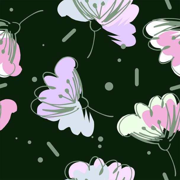 Gentle airy flowers in pink, green and gray colors seamless pattern on black background. - Вектор,изображение