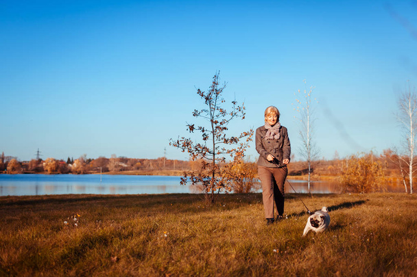 Master walking pug dog in autumn park by river. Happy woman enjoying spending time with pet outdoors - Fotó, kép