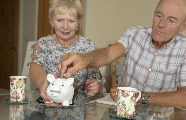 Bejaarde echtpaar controleren hun uitgaven en besparingen, Man geld plaatsen in piggy bank - Foto, afbeelding