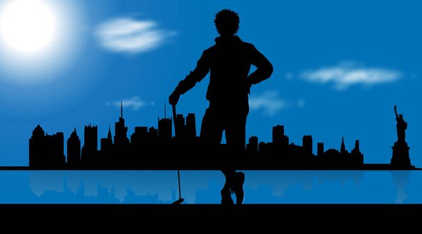 Векторная иллюстрация Нью-Йорка с человеком, который играет в гольф
. - Вектор,изображение