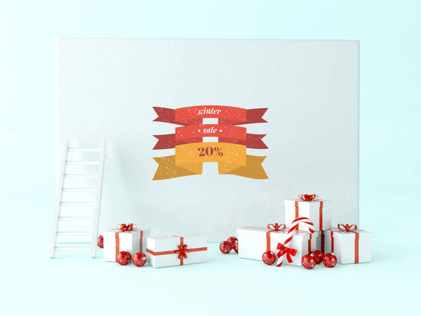 3d illustration. Christmas sale with gifts boxes and christmas decoration. xmas holiday concept. - Фото, изображение