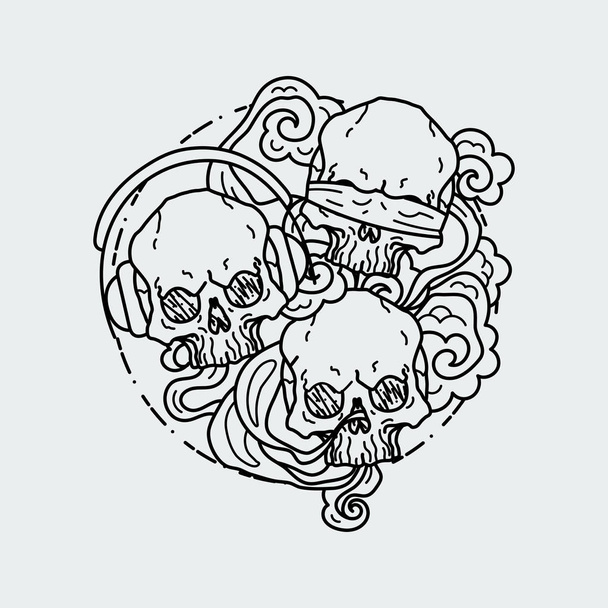 Három koponya összetétele. Fekete-fehér tetoválás grafikus emberi koponya vektoros illusztráció - Vektor, kép