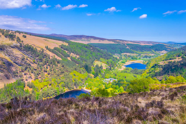 Aerial view of the upper and lower lake in Glendalough, Irelan - Fotoğraf, Görsel