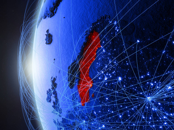 Svédország az űrből, kék digitális modell, a föld nemzetközi hálózattal. Kék digitális kommunikációs vagy utazási koncepció. 3D-s illusztráció. Ez a kép a Nasa berendezett elemei. - Fotó, kép